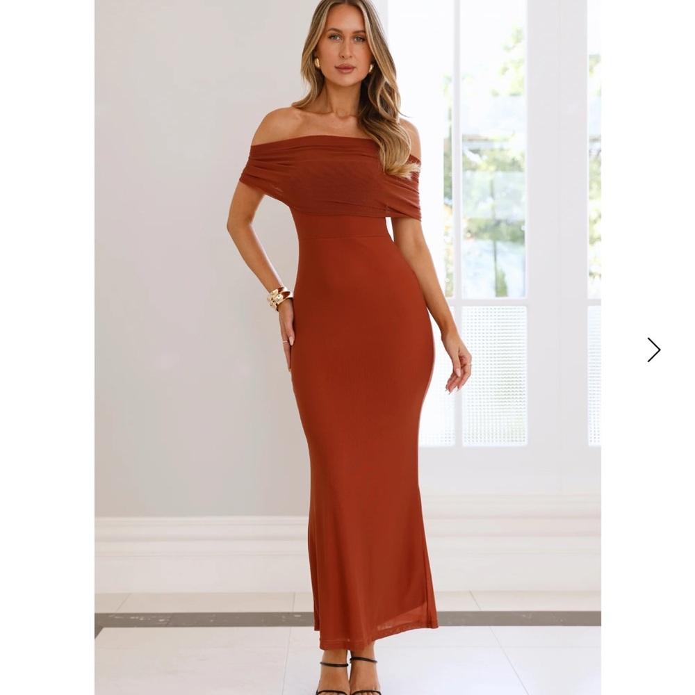 Hello Molly Invited Off Shoulder Mesh Maxi Dress - Brown